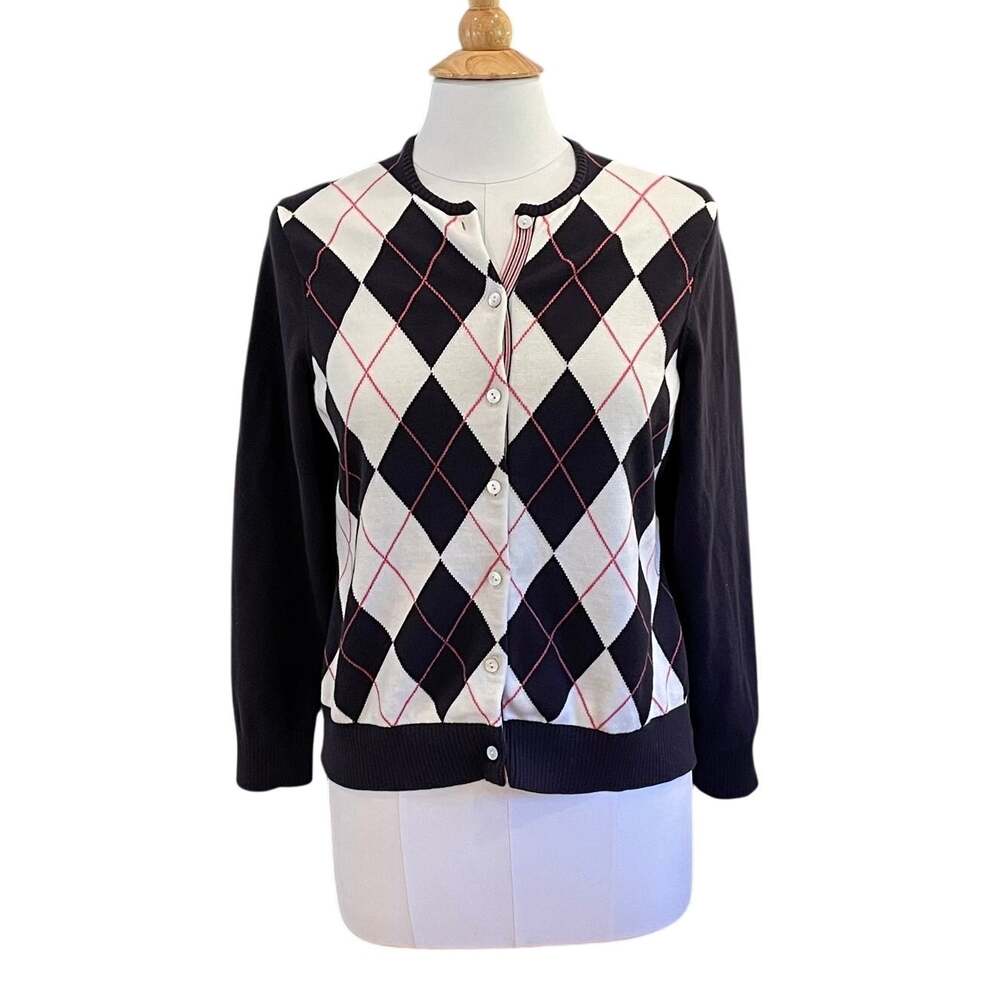 Lands' End Black, Pink Argyle Crew Neck Cardigan, Pima Cotton, Preppy, Size LP